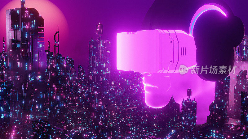 Crypto Metaverse Neon Meta摩天大楼Cyber Punk City概念背景3d渲染